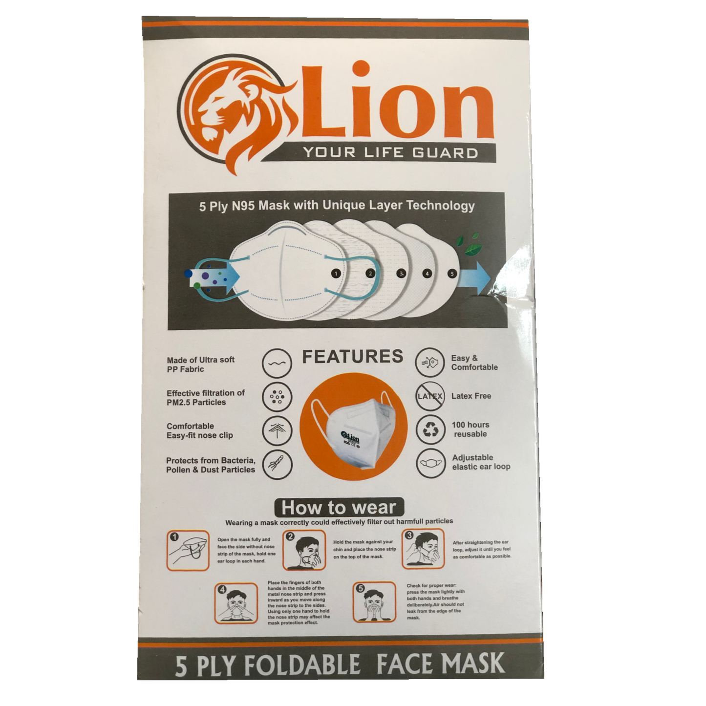 LION N95 Protective & Anti Pollution 5PLY Mask with Unique Layer Technology | 50 PCS