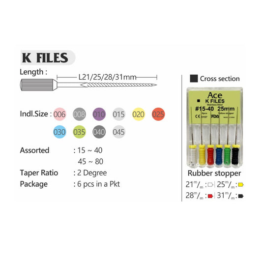Prime Dental ACE K-Files 21MM | Hand Operated Stainless Steel Dental Files for Canal Negotiation, Cleaning, and Shaping of the Root Canal System