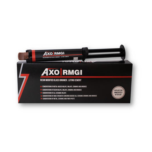 AXIMACK AXO Rmgi | Radiopaque Resin-Modified Glass Ionomer Luting Cement Offered In A Paste/ Paste Formulation That Provides An Option For Tack Light-Curing Of Excess Cement