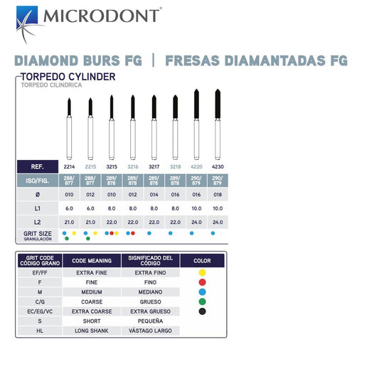 MICRODONT Torpedo Cylinder Diamond Burs | Dental Diamond Burs