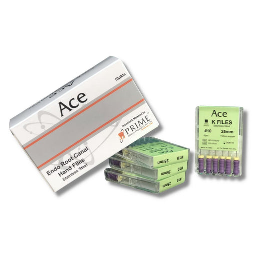 Prime Dental ACE K-Files 25MM | Hand Operated Stainless Steel Dental Files for Canal Negotiation, Cleaning, and Shaping of the Root Canal System